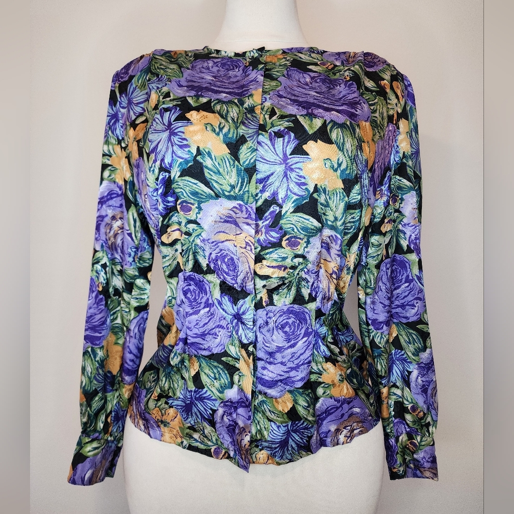 80's Vintage A K Collectible Purple Rose Floral Long Sleeved Button-Up Shirt